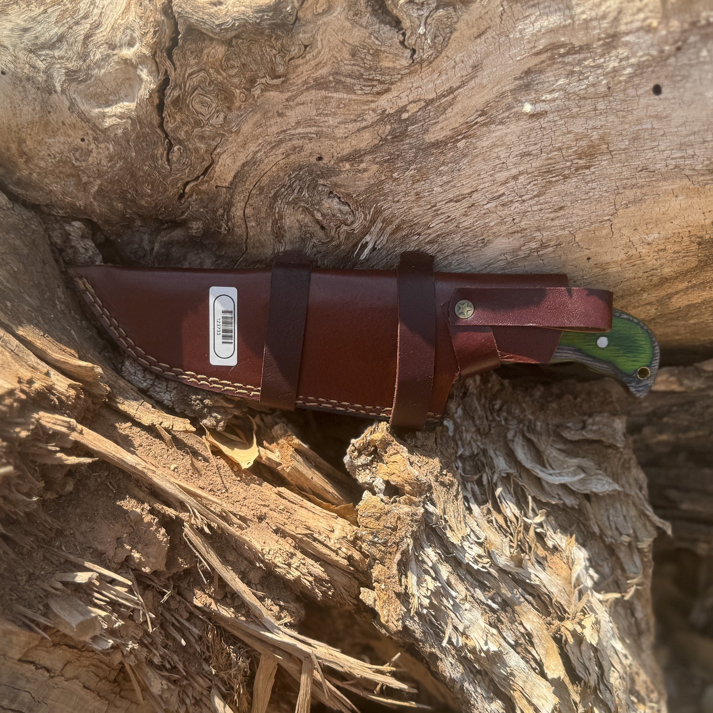 Verdant Tracker – Hand-Forged Survival Knife with Green Wood Handle & Custom Leather Sheath