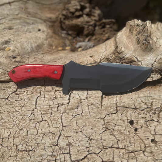Crimson Tracker – Hand-Forged Survival Knife with Red Wood Handle & Custom Leather Sheath