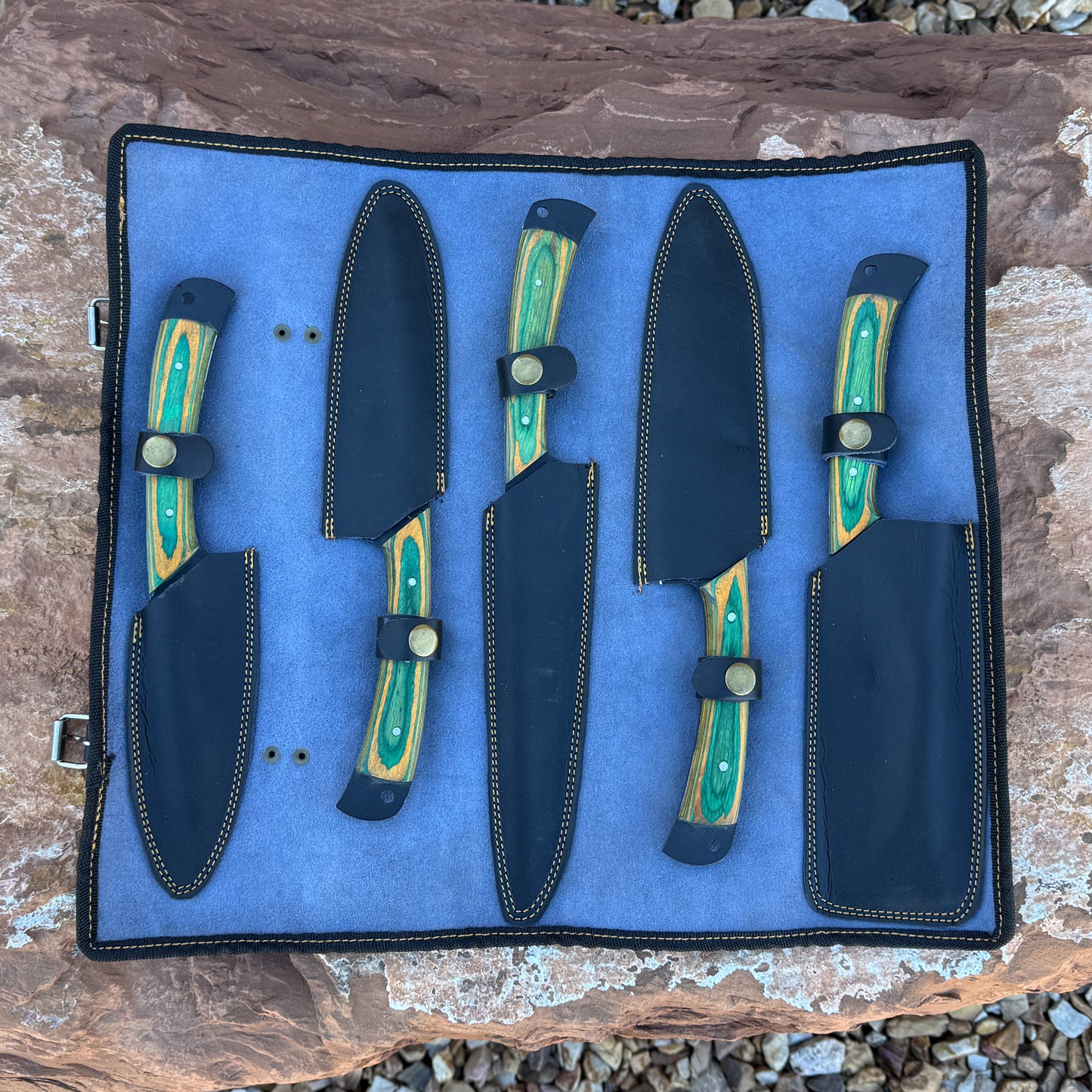 Emerald Edge 5-Piece Hand-Forged Chef Knife Set with Greenwood Handles and Leather Roll