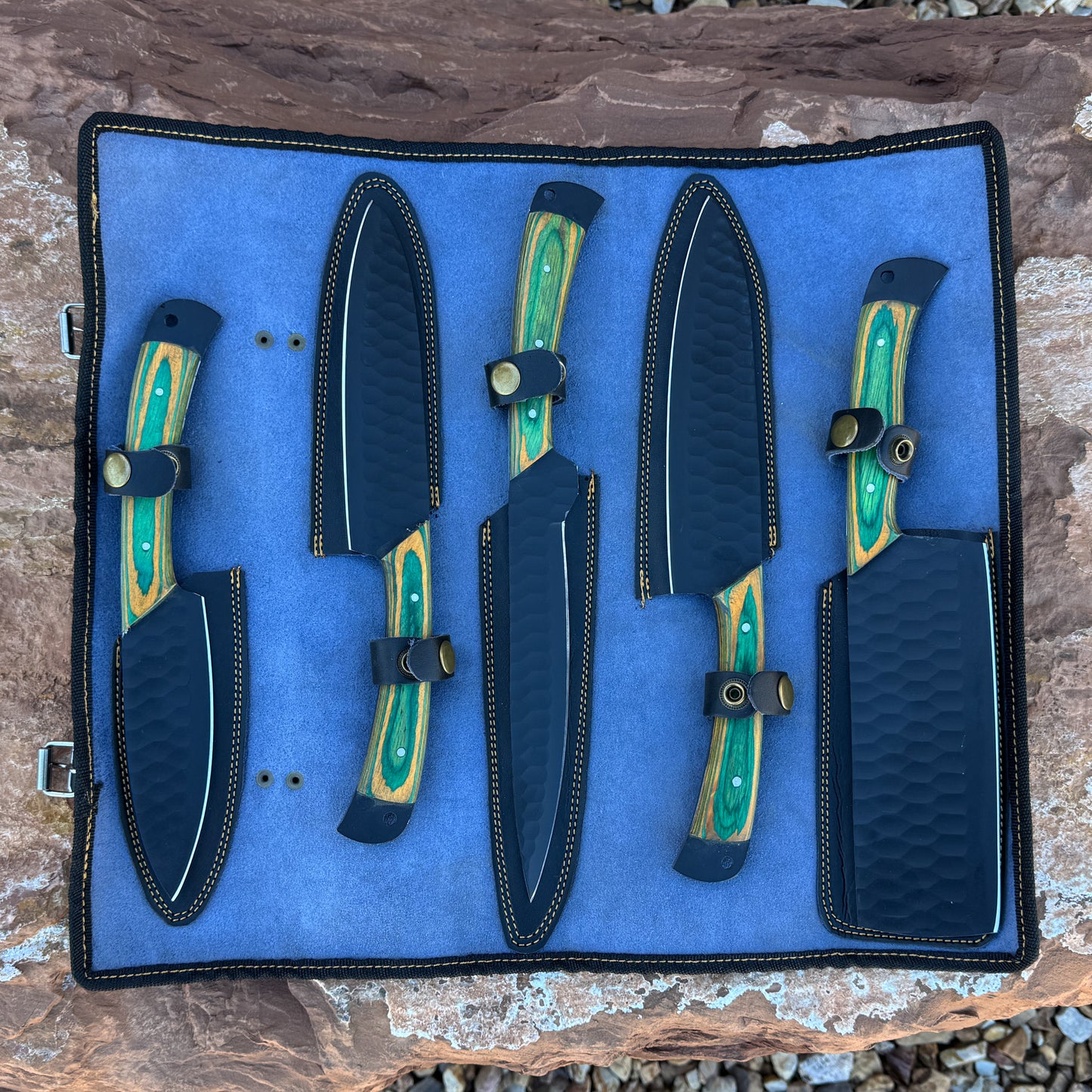 Emerald Edge 5-Piece Hand-Forged Chef Knife Set with Greenwood Handles and Leather Roll