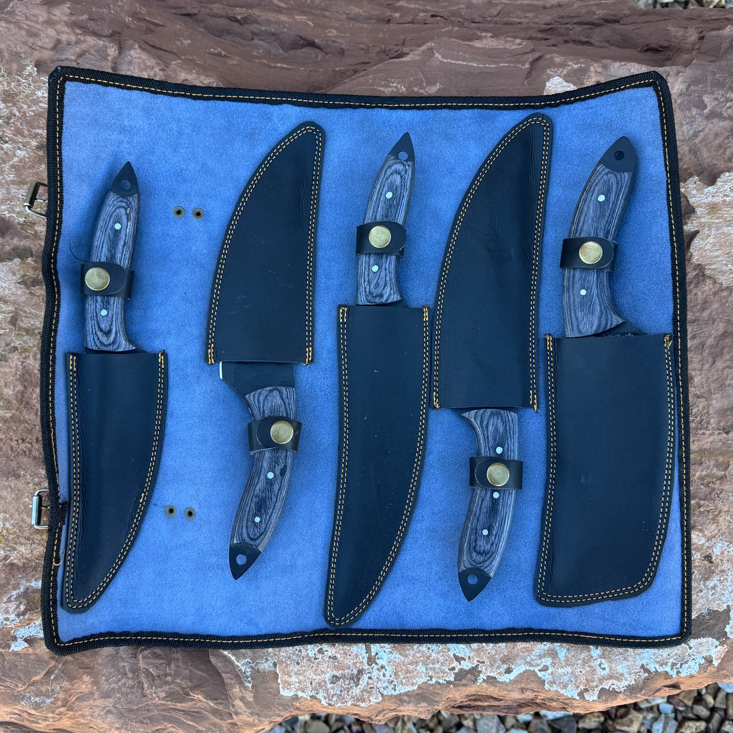 Obsidian Tide 5-Piece Hand-Forged Chef Knife Set with Blue Wood Handles and Leather Roll