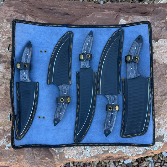 Obsidian Tide 5-Piece Hand-Forged Chef Knife Set with Blue Wood Handles and Leather Roll