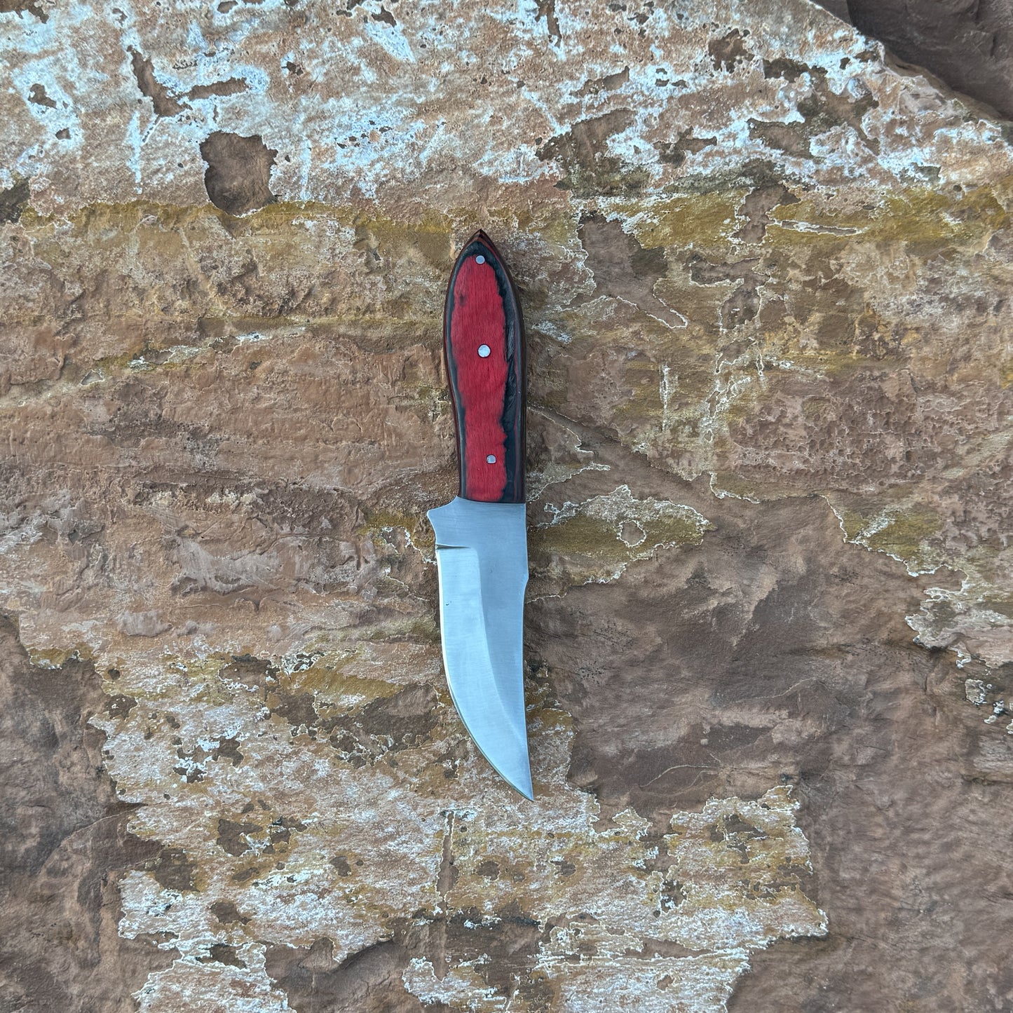 Ember Ridge fixed blade knife with deep red wood handle

Curved high-carbon blade displayed on brown leather sheath

Close-up of red handle with black grain accents and triple pins

Ember Ridge knife on natural wood background

Knife and hand-stitched sheath arranged for product showcase

Rugged outdoor knife in natural lighting

Blue Spade Forge Ember Ridge held in hand for scale

High-carbon field knife ready for hunting and camp tasks