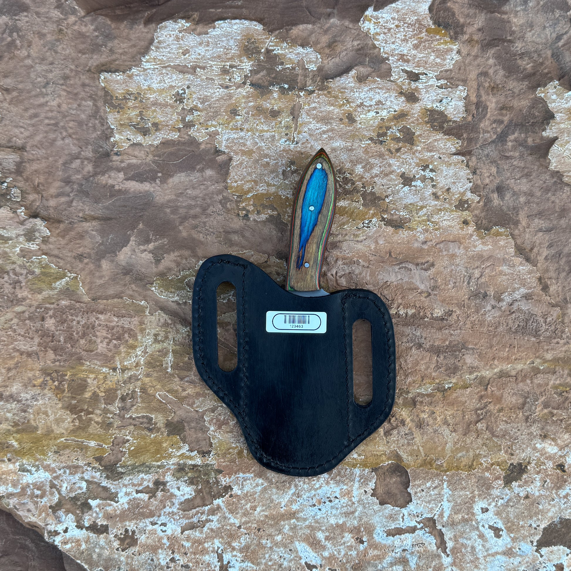 Blaze Creek Bowie knife with multicolored wood handle

Full-tang bowie knife on hand-stitched leather sheath

Clip-point blade close-up for slicing and skinning

Vivid blue, green, and red wood handle detail

Outdoor bowie knife displayed on natural wood

Triple-rivet handle construction on Blaze Creek

Blue Spade Forge Blaze Creek in natural lighting

Bowie knife and sheath arranged for product showcase