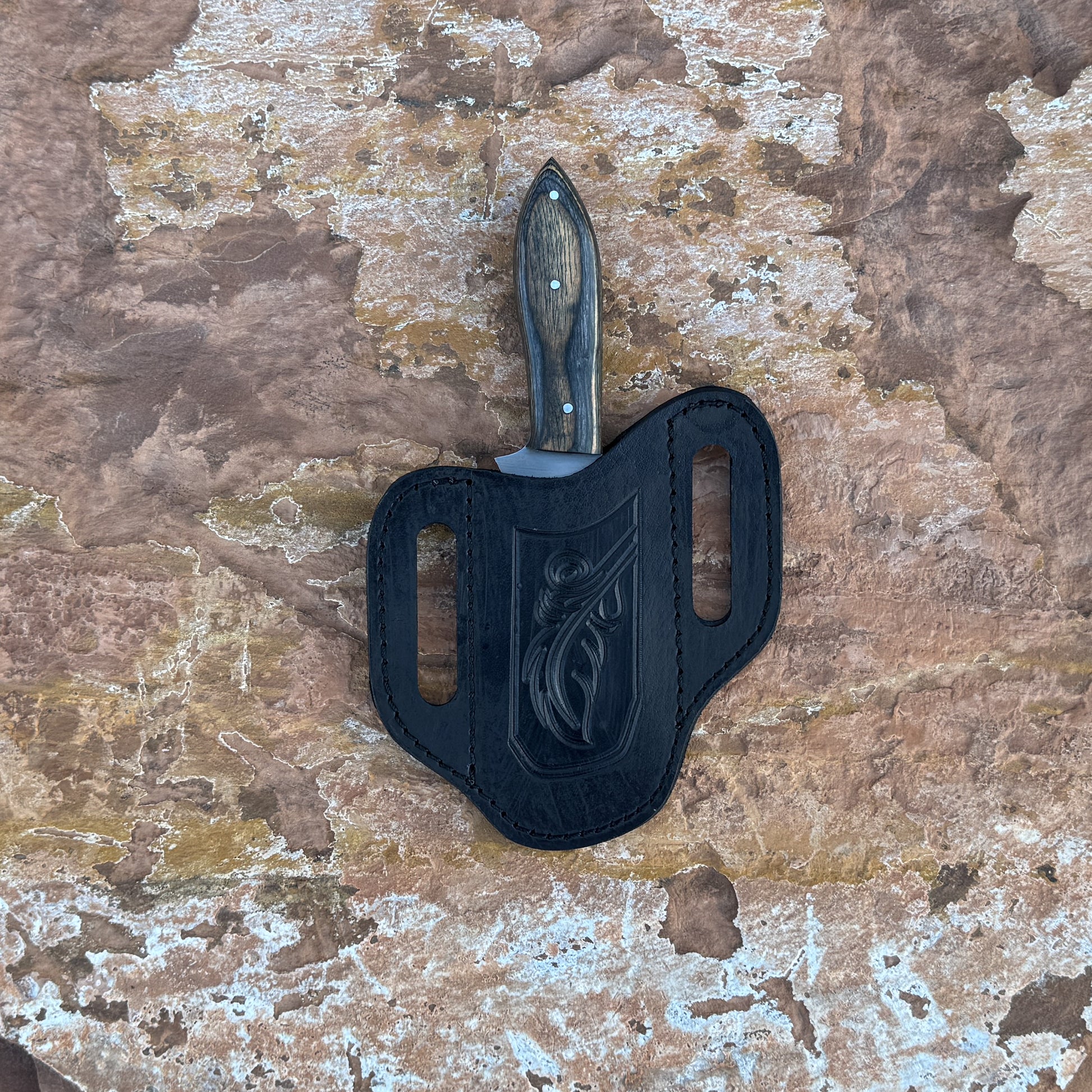 Midnight Timber clip-point knife with dark hardwood handle

Full-tang outdoor blade displayed on brown leather sheath

Close-up of dark-grain hardwood handle with triple rivets

Midnight Timber knife on natural wood background

Knife and hand-stitched leather sheath arranged for product showcase

Clip-point fixed blade in natural lighting

Blue Spade Forge Midnight Timber held in hand for scale

Rugged outdoor knife ready for hunting and field work