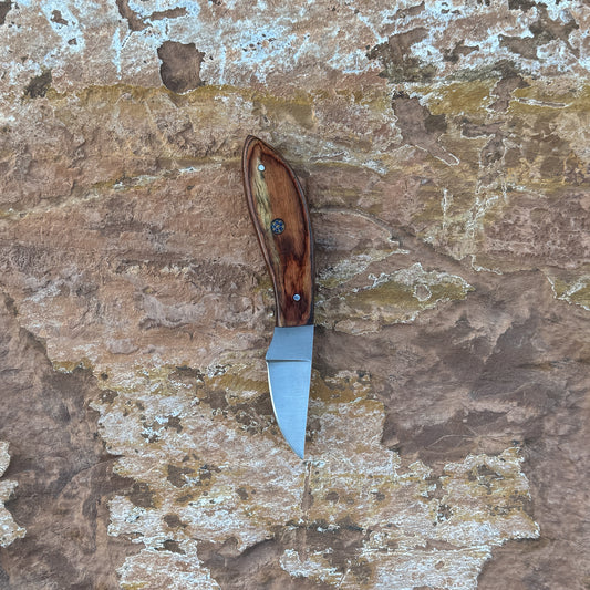 Ridgeback Skinner knife with exotic wood handle

Curved high-carbon steel blade on leather sheath

Close-up of exotic wood handle grain and contour

Ridgeback Skinner displayed on natural wood background

Knife and hand-stitched sheath arranged for product photo

Precision skinner knife in natural lighting

Blue Spade Forge Ridgeback Skinner held in hand for scale

Hunting skinner blade ready for field dressing tasks