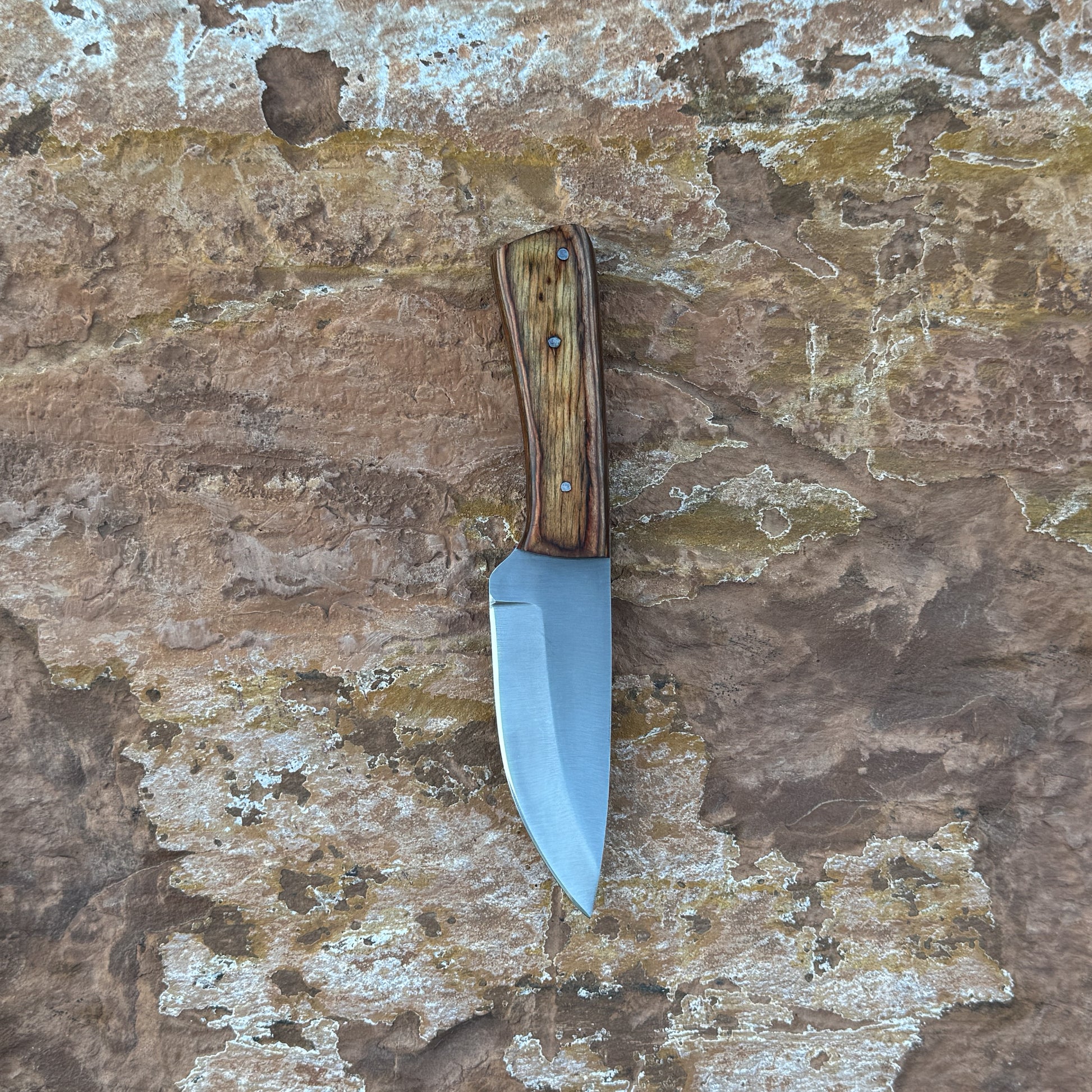 A straight-back fixed blade knife with a stainless-steel blade and contoured natural-wood handle, shown with its hand-stitched brown leather sheath. Designed by Blue Spade Forge for bushcraft, hunting, and versatile outdoor field use.