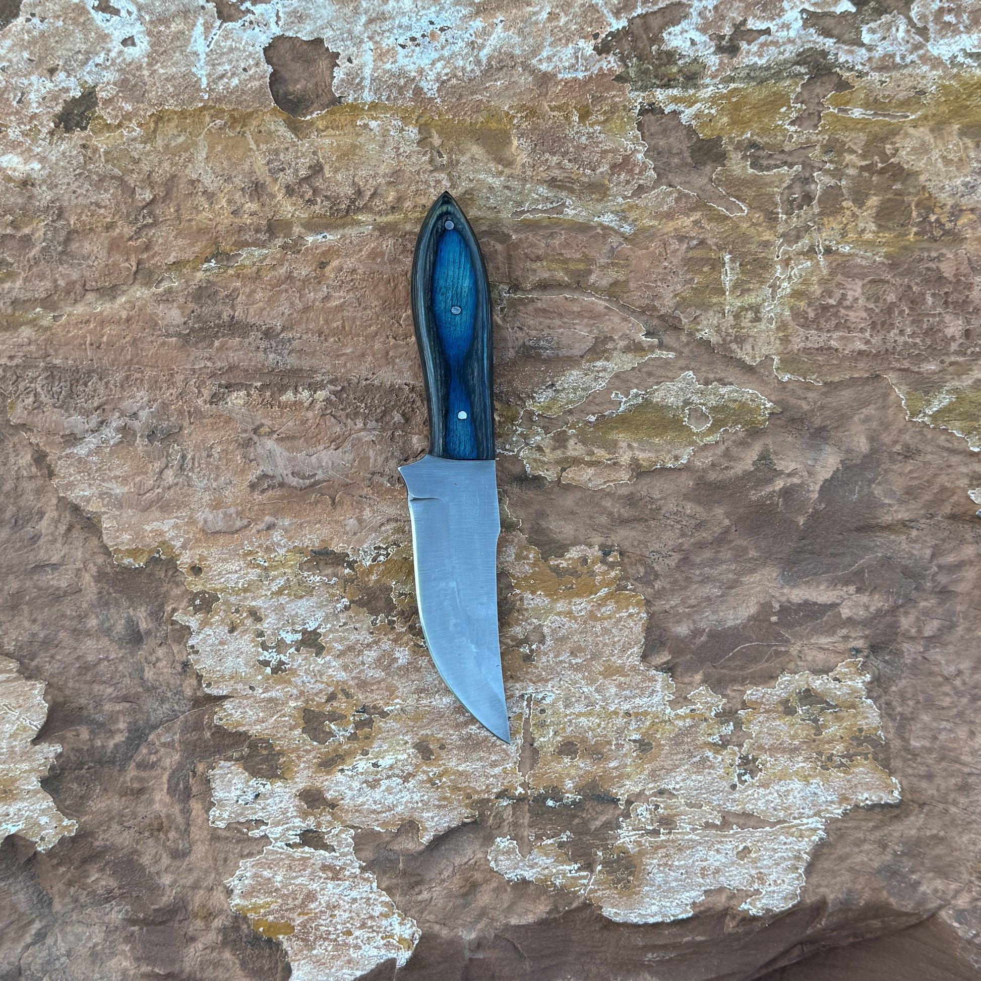 A full-tang upswept hunting knife with a satin-finished blade and deep-blue hardwood handle, reinforced with triple rivets. Shown alongside its hand-stitched leather sheath, crafted by Blue Spade Forge for field work, hunting, and rugged outdoor use.
