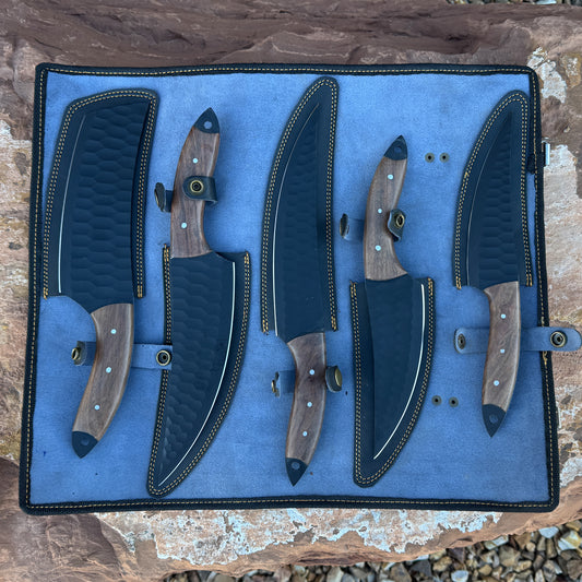 Blackwood Edge Chef Set | 5-Piece Textured Black Blade Set with Roll – Blue Spade Forge