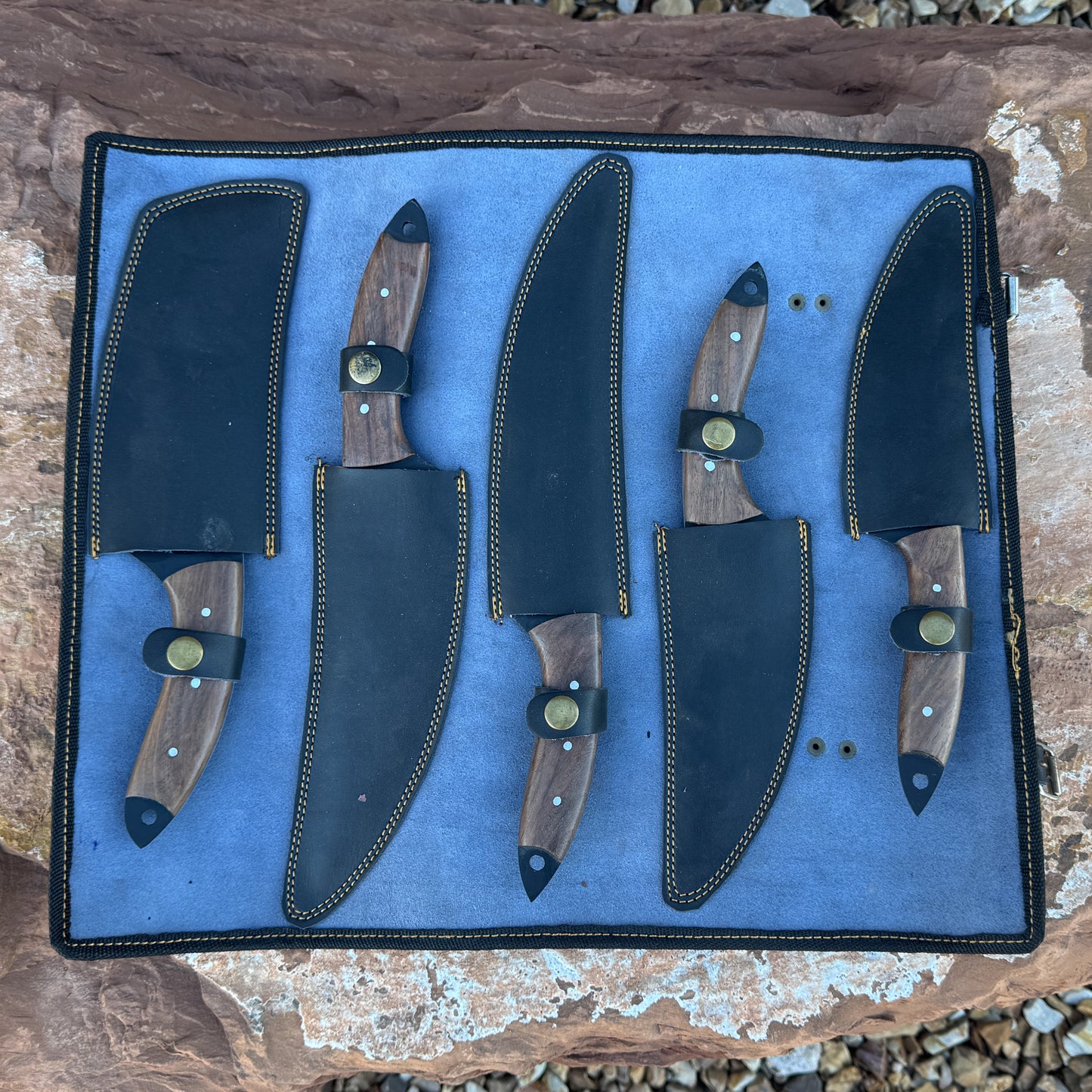 Blackwood Edge Chef Set | 5-Piece Textured Black Blade Set with Roll – Blue Spade Forge