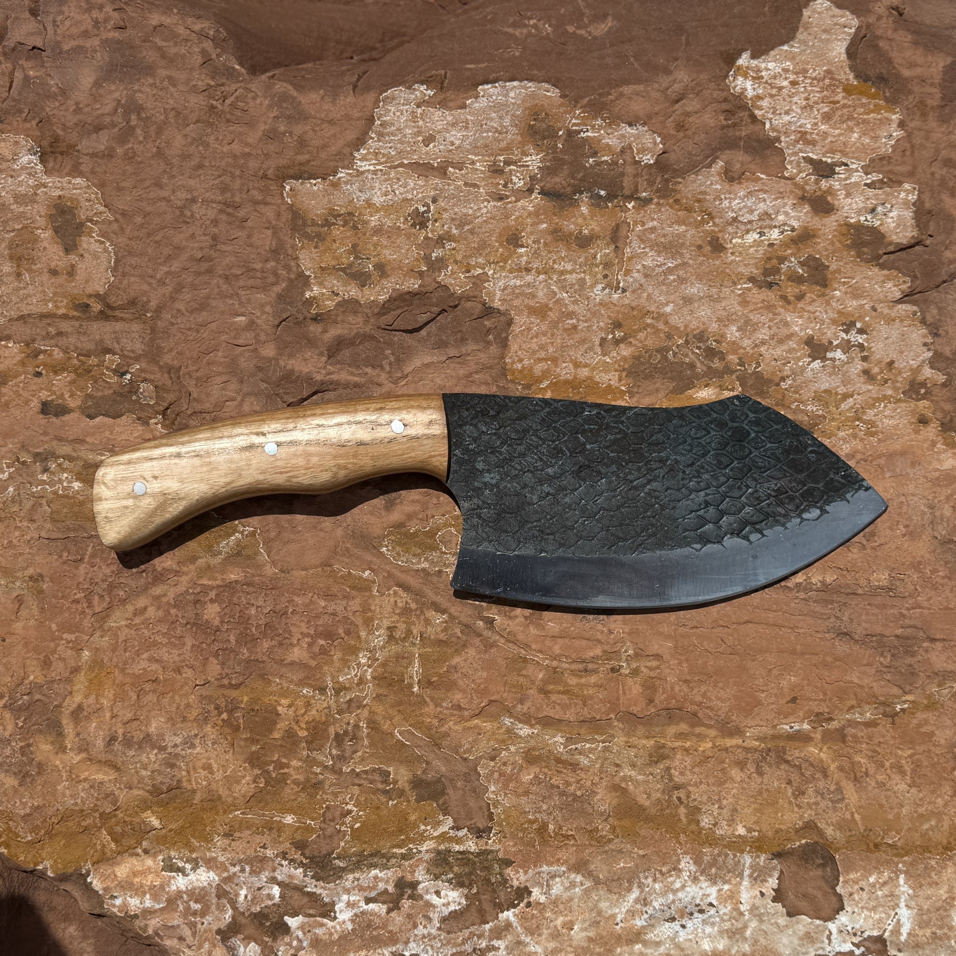 Forgefire Cleaver hand-forged 1095 high carbon steel meat cleaver with rustic forge-finished blade and ash wood handle