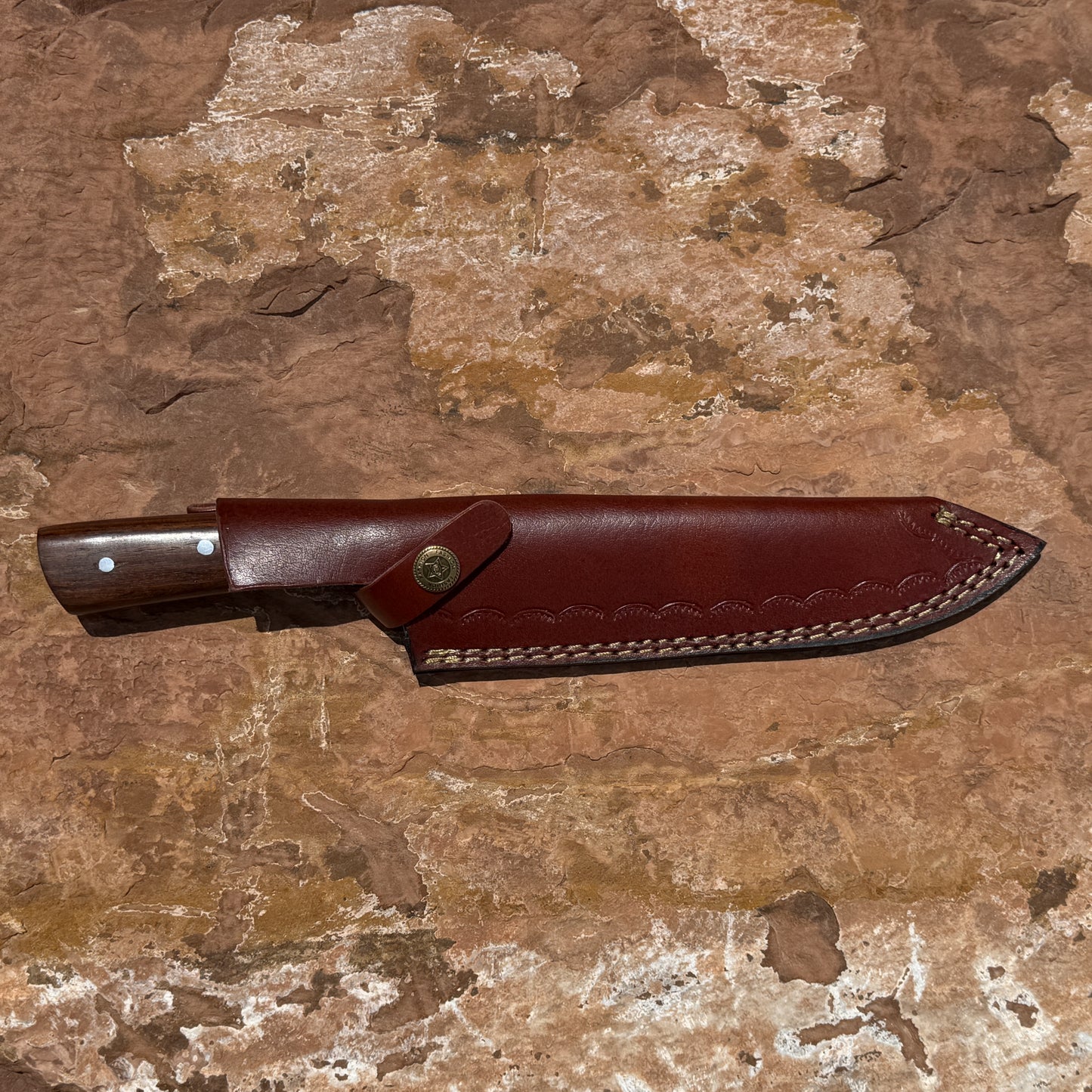 Hand-forged Blue Spade Forge Timberline Damascus chef knife featuring layered Damascus steel blade, hardwood handle with brass pins, and handcrafted brown leather sheath displayed on natural stone background.