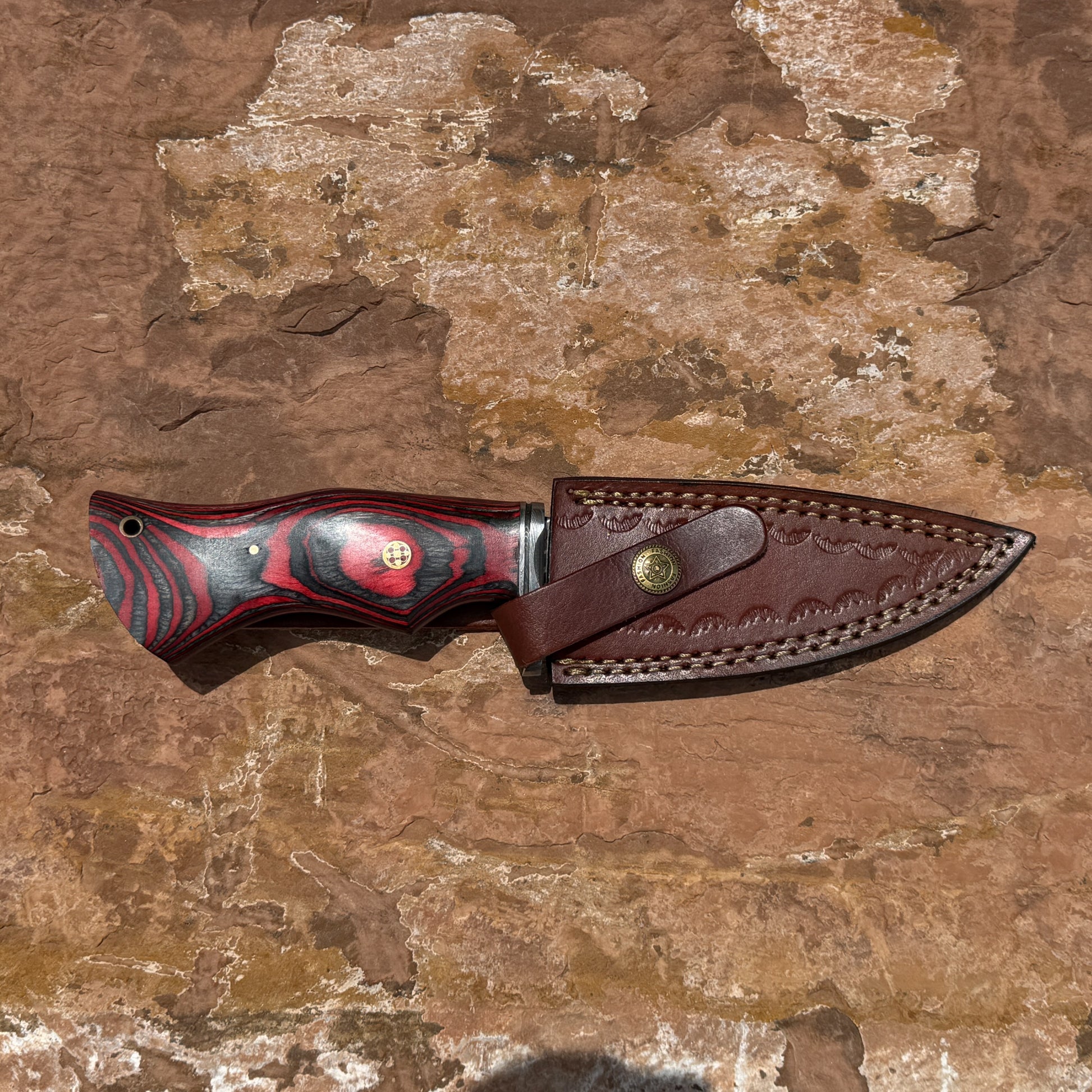 Backwood Hunter Scout Damascus drop-point hunting knife with premium hand-stitched leather belt sheath