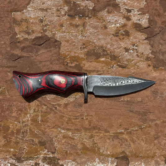 Backwood Hunter Scout hand-forged Damascus hunting knife with contoured red and black hardwood handle
