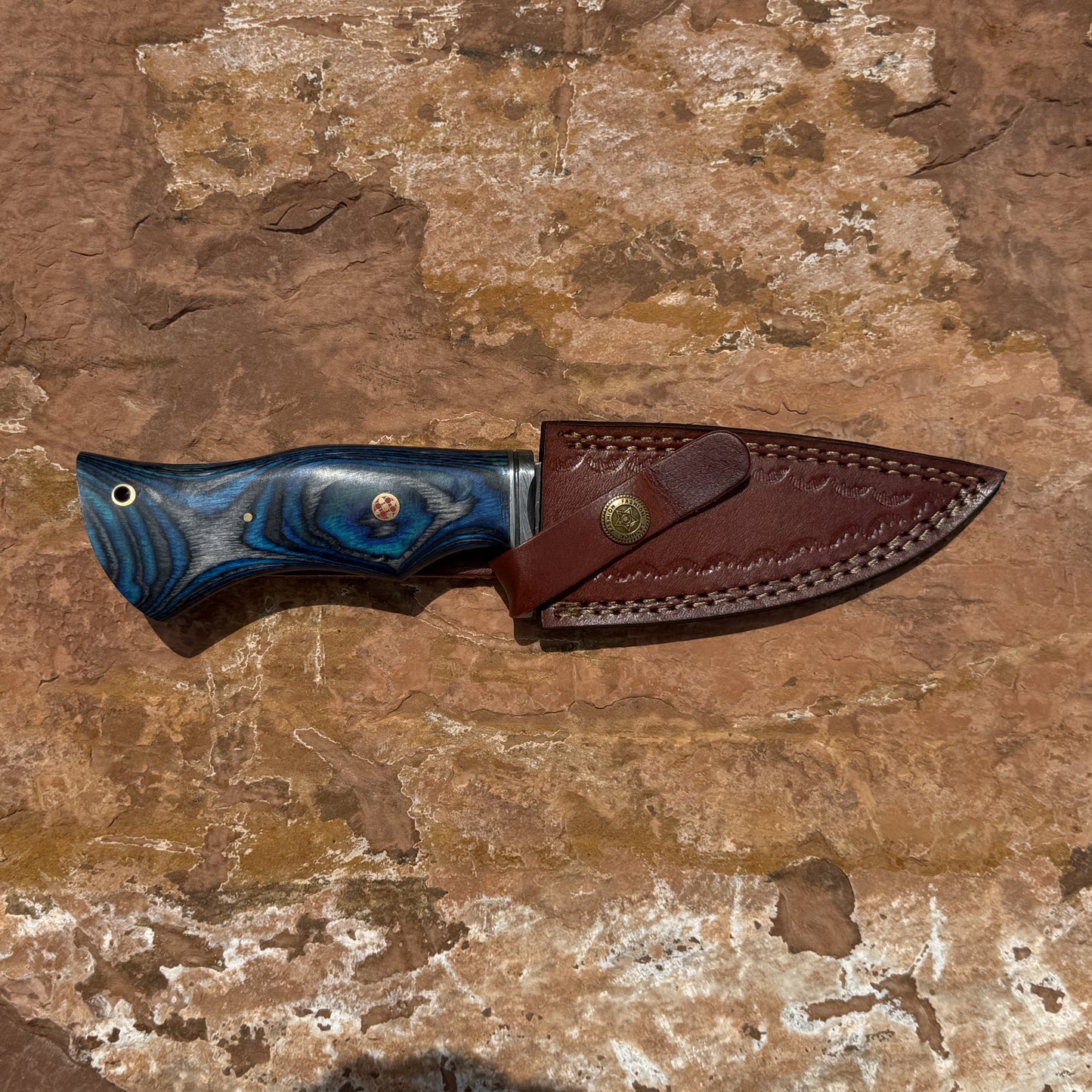 Backwood Hunter Scout Damascus drop-point hunting knife with premium hand-stitched leather belt sheath