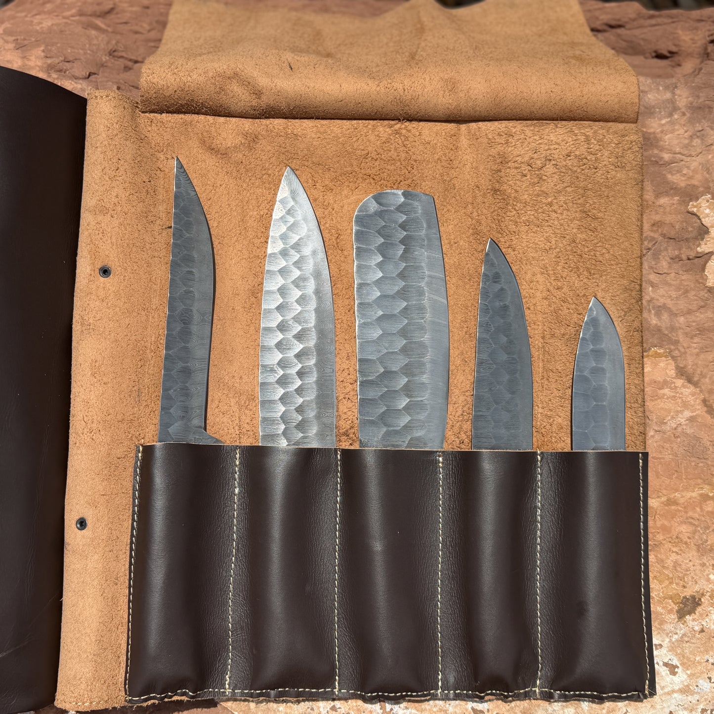 Silver Ridge Damascus 5-piece kitchen knife set with handcrafted leather knife roll