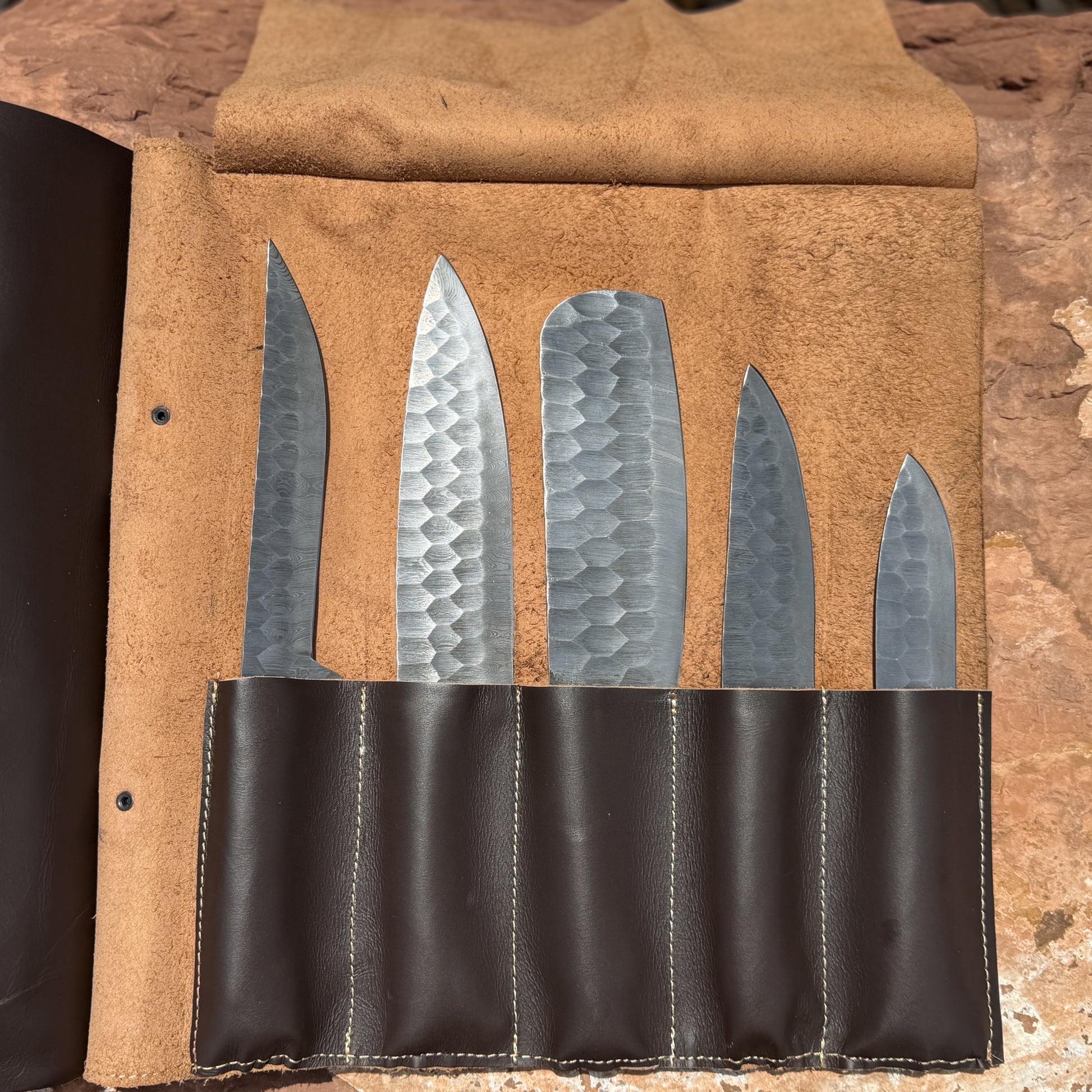 Silver Ridge Damascus 5-piece kitchen knife set with handcrafted leather knife roll