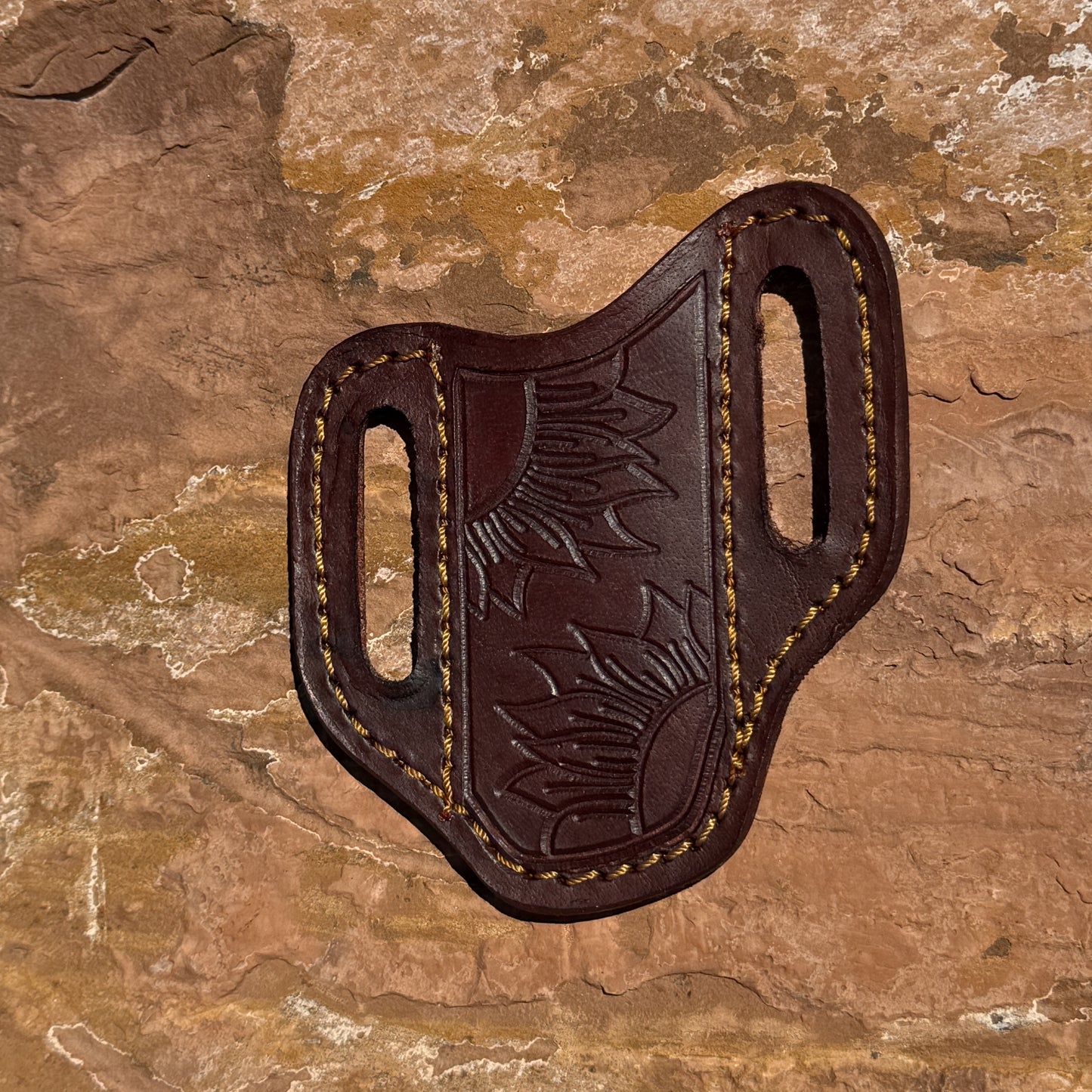 Blue Spade Forge small brown leather pancake knife sheath with heavy-duty stitching for fixed blade EDC, hunting, and bushcraft knives.