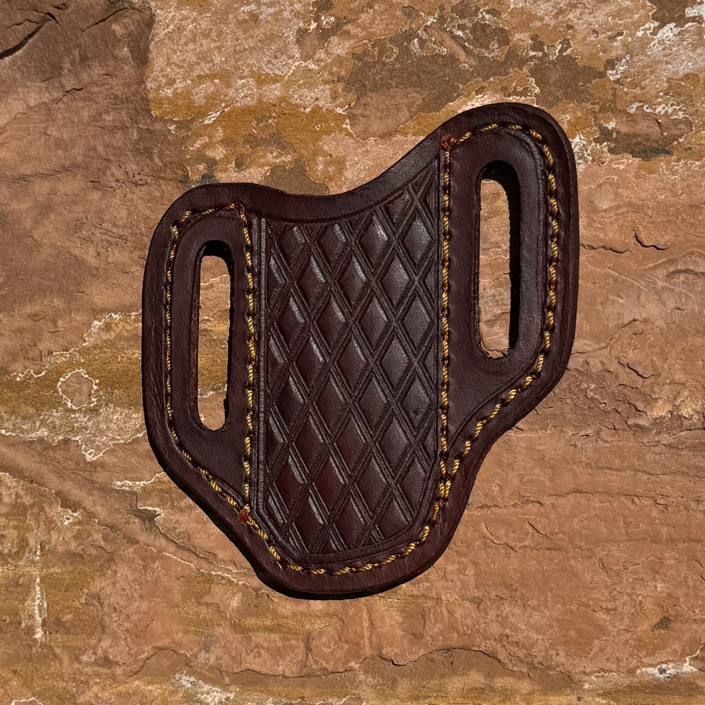 Blue Spade Forge small brown leather pancake knife sheath with heavy-duty stitching for fixed blade EDC, hunting, and bushcraft knives.
