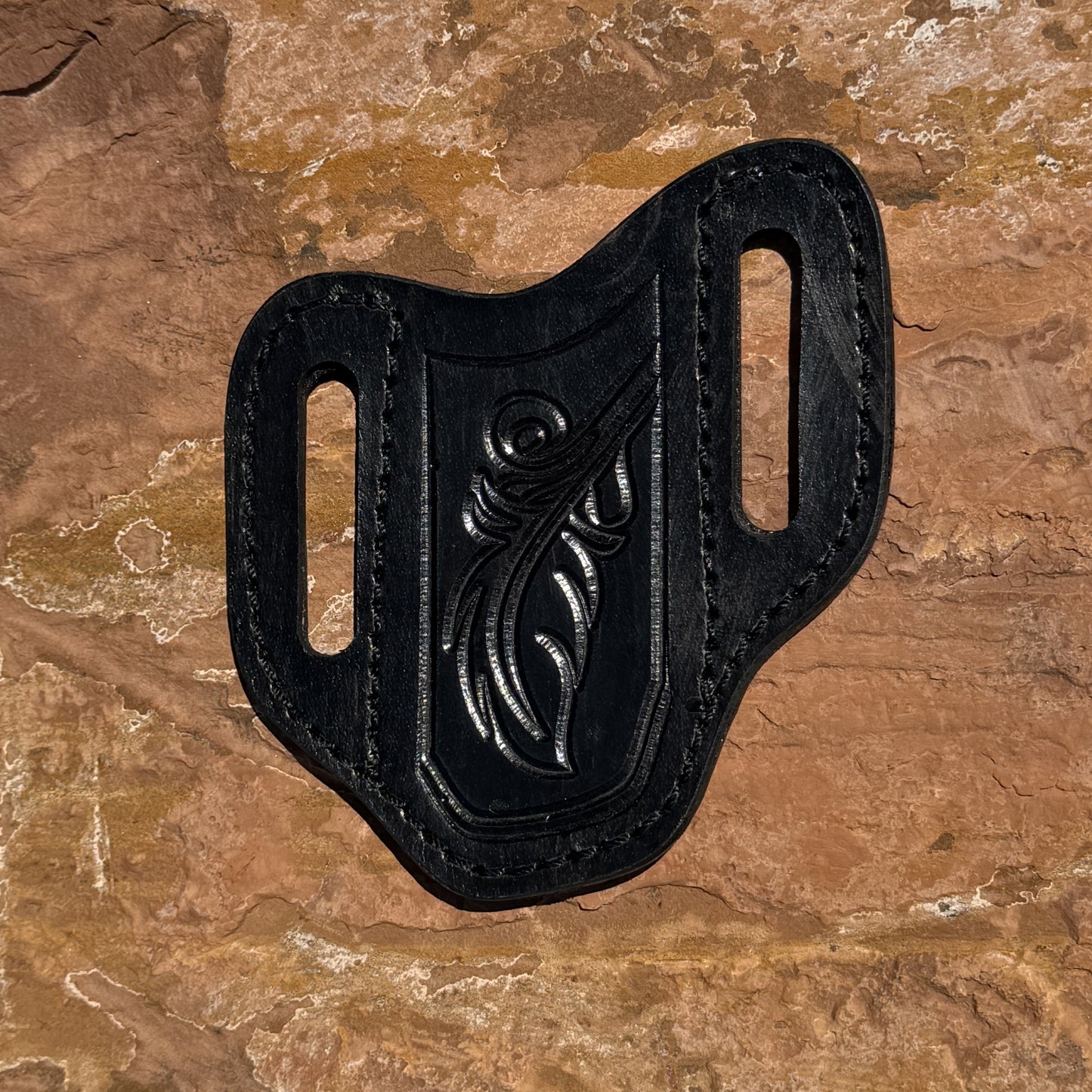 Blue Spade Forge medium black leather pancake knife sheath with heavy-duty stitching for fixed blade hunting, bushcraft, and everyday carry knives.