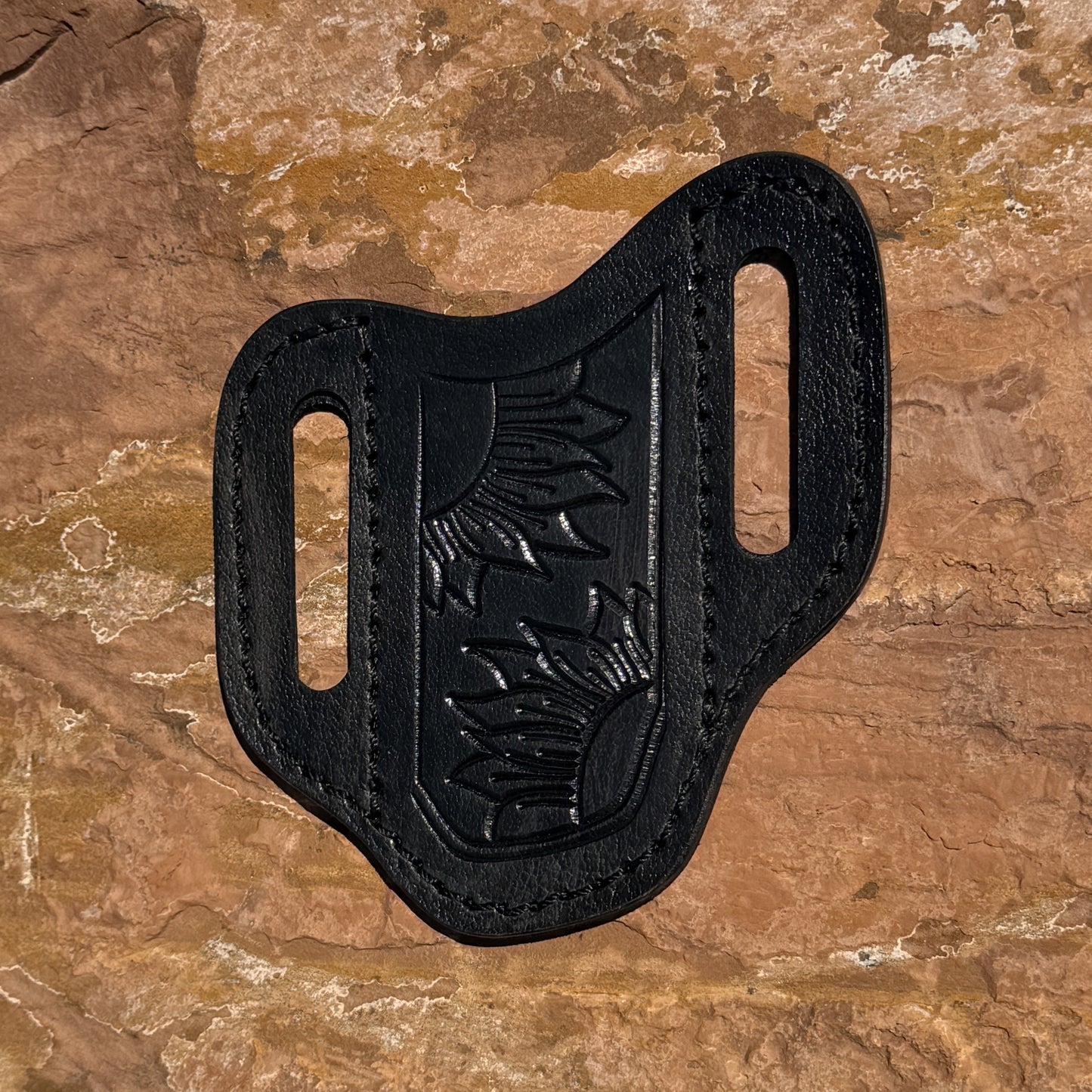 Blue Spade Forge medium black leather pancake knife sheath with heavy-duty stitching for fixed blade hunting, bushcraft, and everyday carry knives.