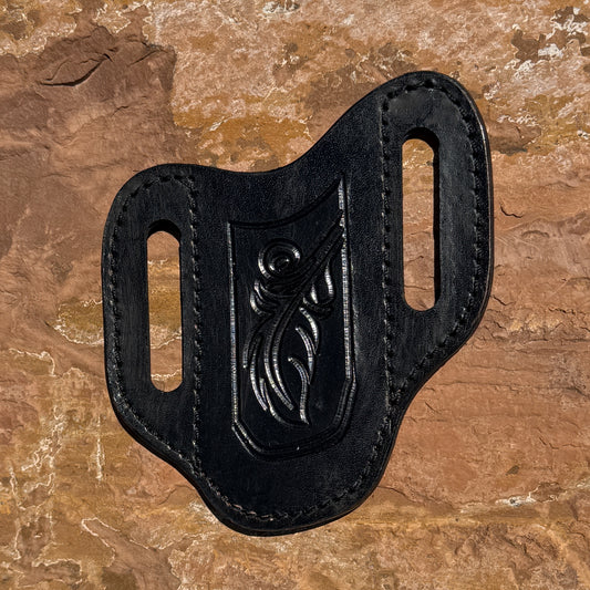 Blue Spade Forge large black leather pancake knife sheath with heavy-duty stitching for fixed blade hunting and outdoor knives.