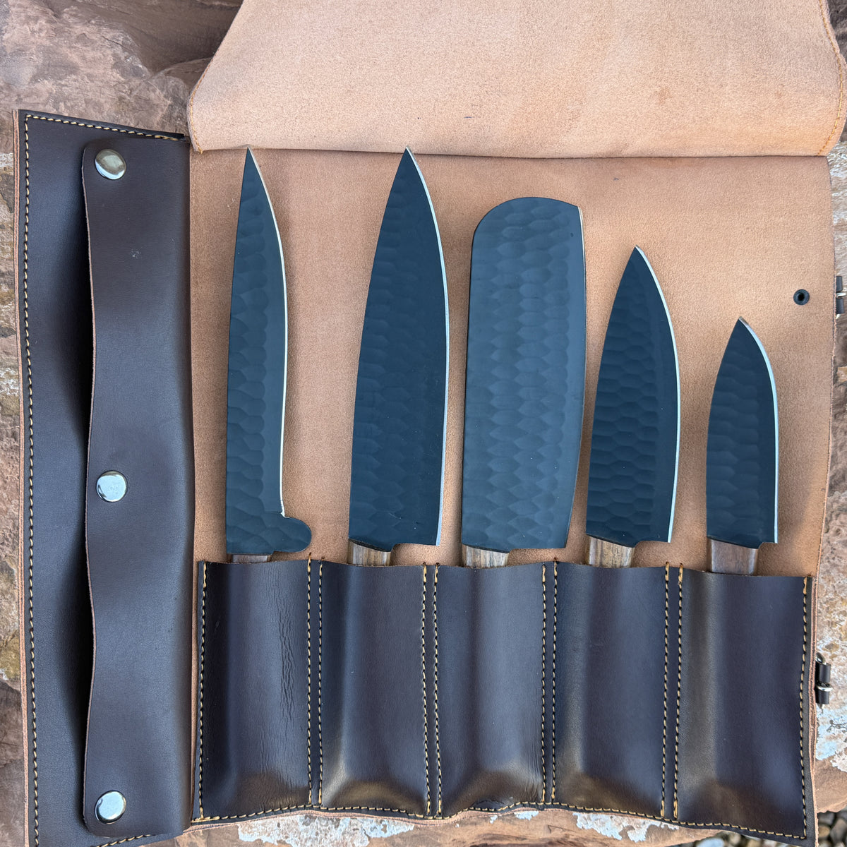Black Summit Chef Set | 5-Piece 1095 High Carbon Steel Kitchen Knife Set with Black Powder-Coated Blades & Leather Roll | Blue Spade Forge