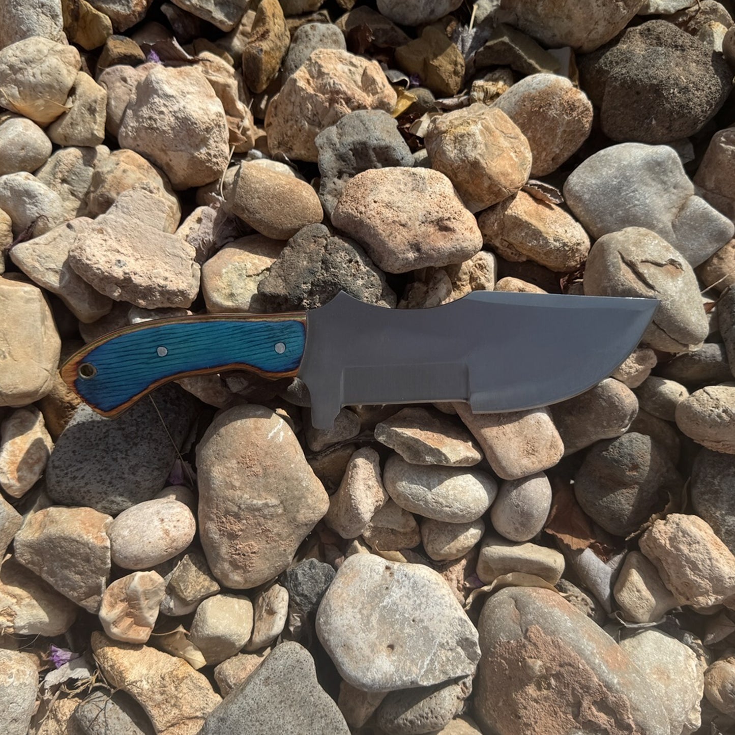Azure Tracker – Hand-Forged Survival Knife with Blue Wood Handle & Custom Leather Sheath