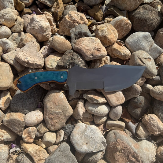 Azure Tracker – Hand-Forged Survival Knife with Blue Wood Handle & Custom Leather Sheath