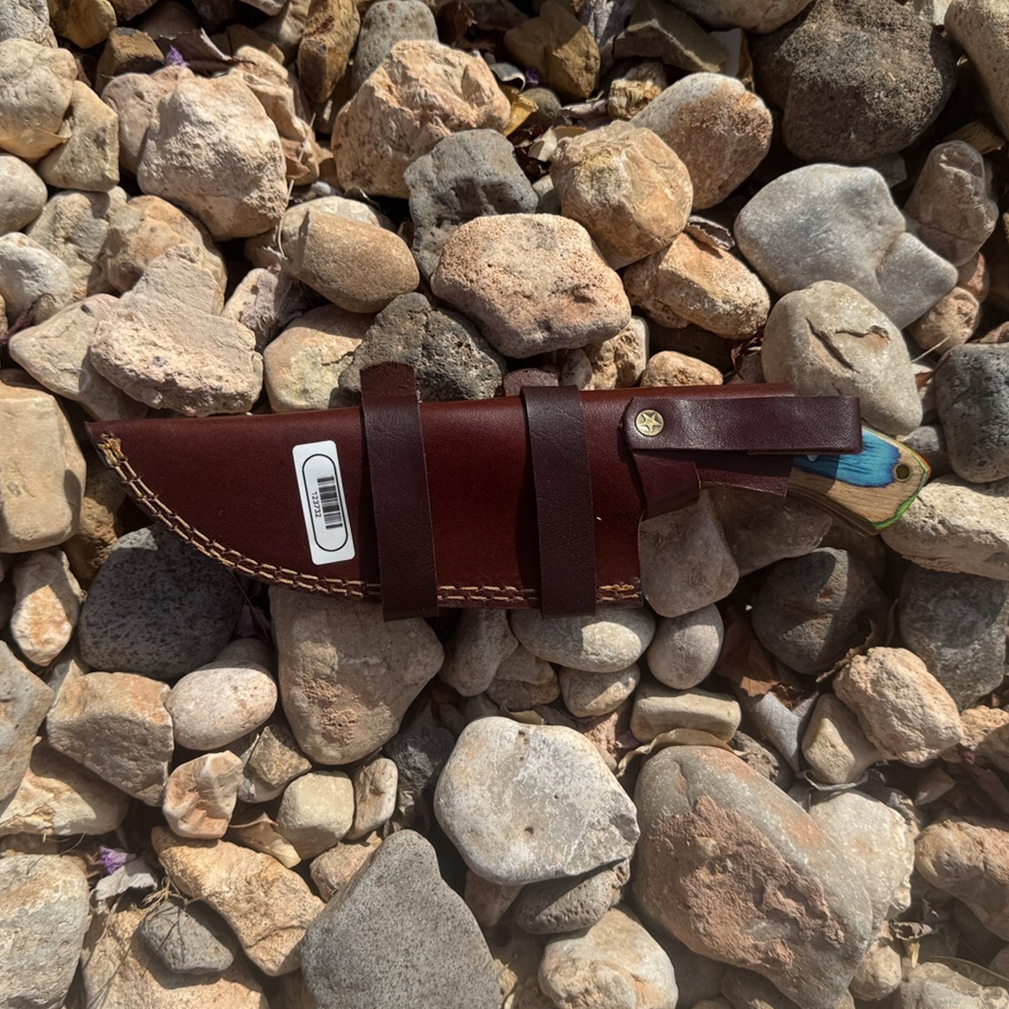 Azure Tracker – Hand-Forged Survival Knife with Blue Wood Handle & Custom Leather Sheath