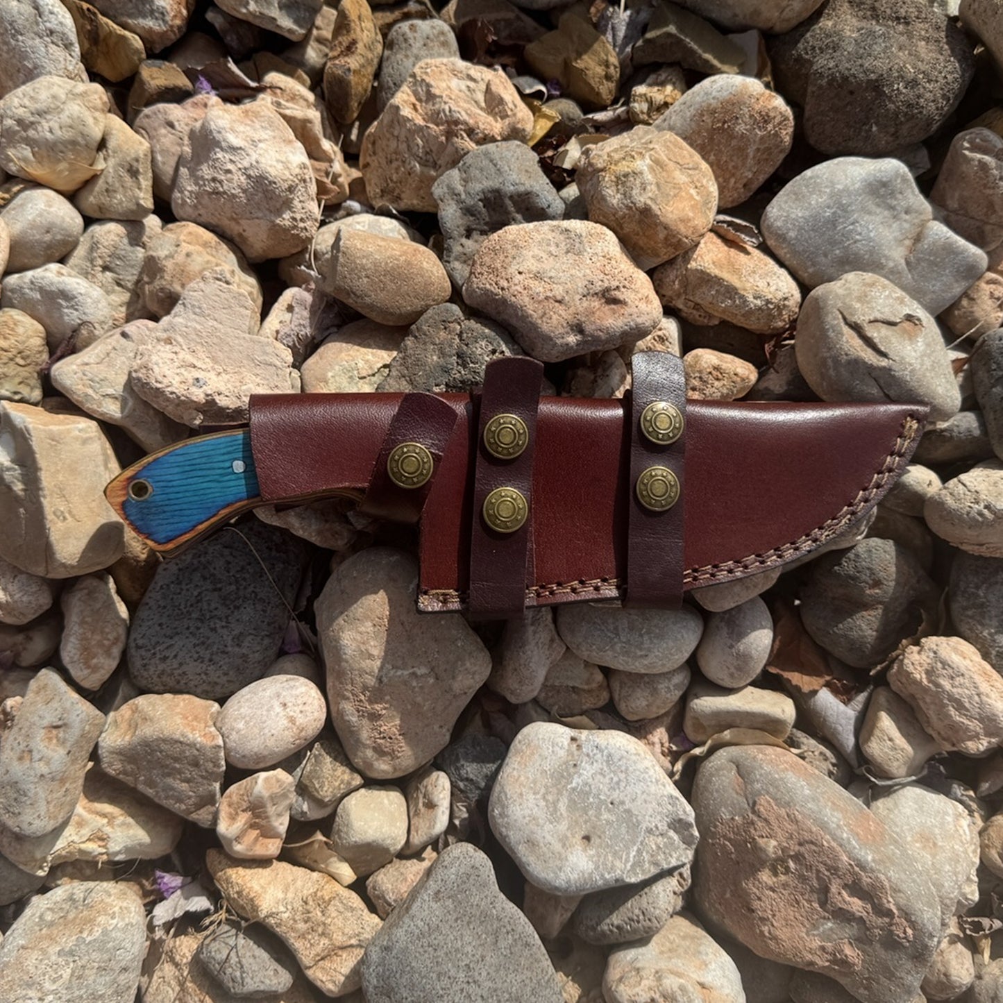 Azure Tracker – Hand-Forged Survival Knife with Blue Wood Handle & Custom Leather Sheath
