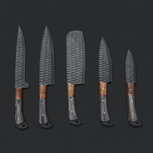 Black Summit Chef Set | 5-Piece 1095 High Carbon Steel Kitchen Knife Set with Black Powder-Coated Blades & Leather Roll | Blue Spade Forge